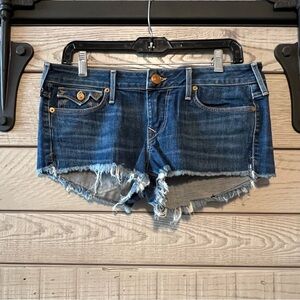 True Religion Dark Blue Frayed Jean Shorts